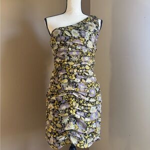 Zara One-Shoulder Floral Dress in Black, Purple, and Yellow